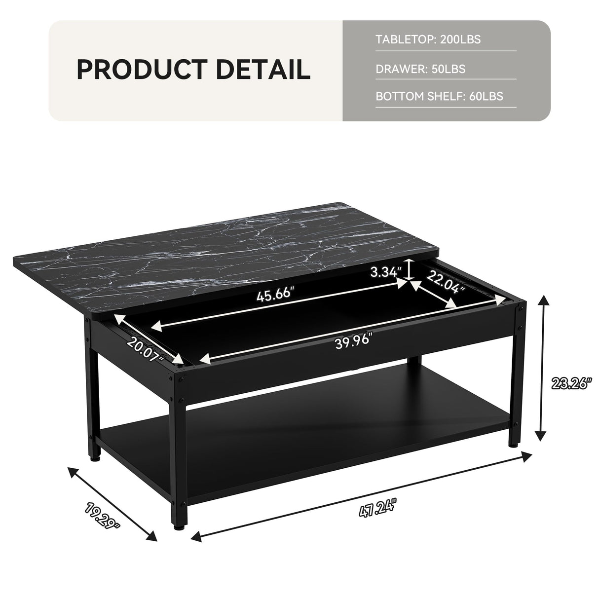 SmartEdge Coffee Table with Gun Safe with Biometric Lock, Lock Storage Table Designed for Firearms and Wine, Hidden Gun Storage for Jewelry Money Rifles Pistols and Ammo (Black Marble Wood) SmartEdge