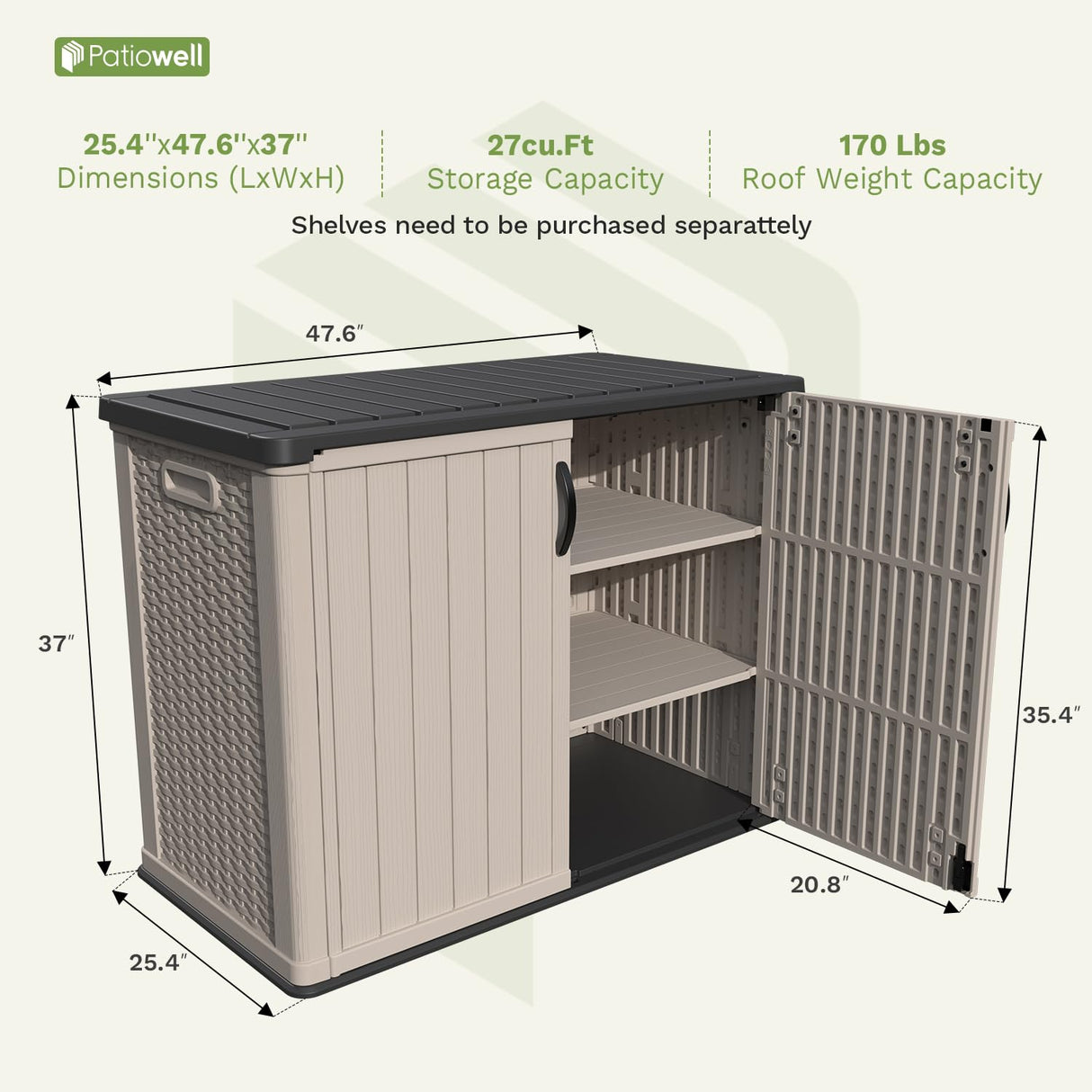 Patiowell 26 cu.ft Plastic Outdoor Storage Shed, Lockable Waterproof Resin Outdoor Storage Cabinet Tool Shed for Garden Tools, Garbage Cans, Pool Supplies, Beige(Not Include Shelves) Patiowell