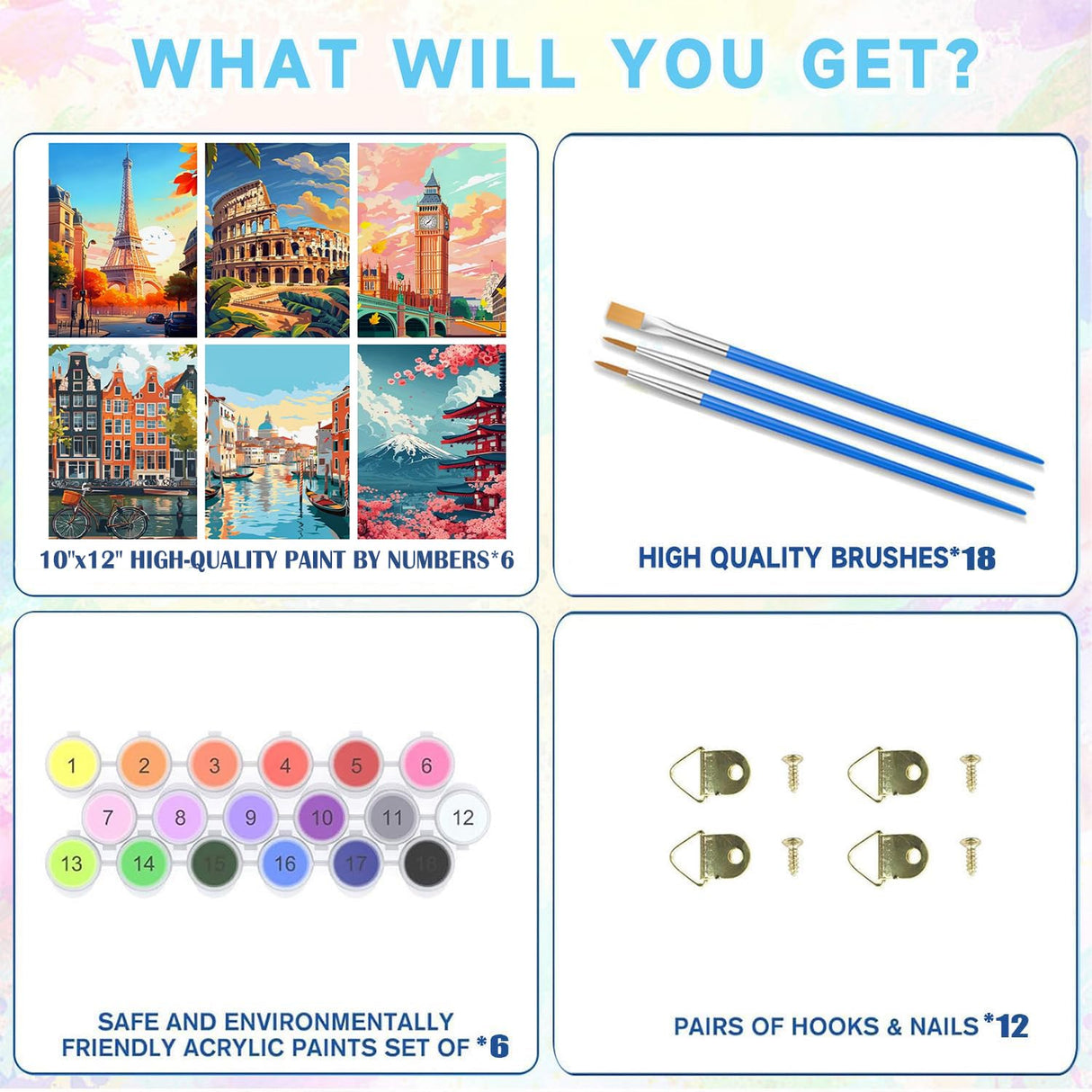 Tiwabb 6Packs Landscape Paint by Numbers Kit for Adults Beginner,Famous Buildings Easy Adult Paint by Number Kits on Canvas DIY Painting for Beginners Art by Numbers Home Wall Decor 10x12 Inch Tiwabb