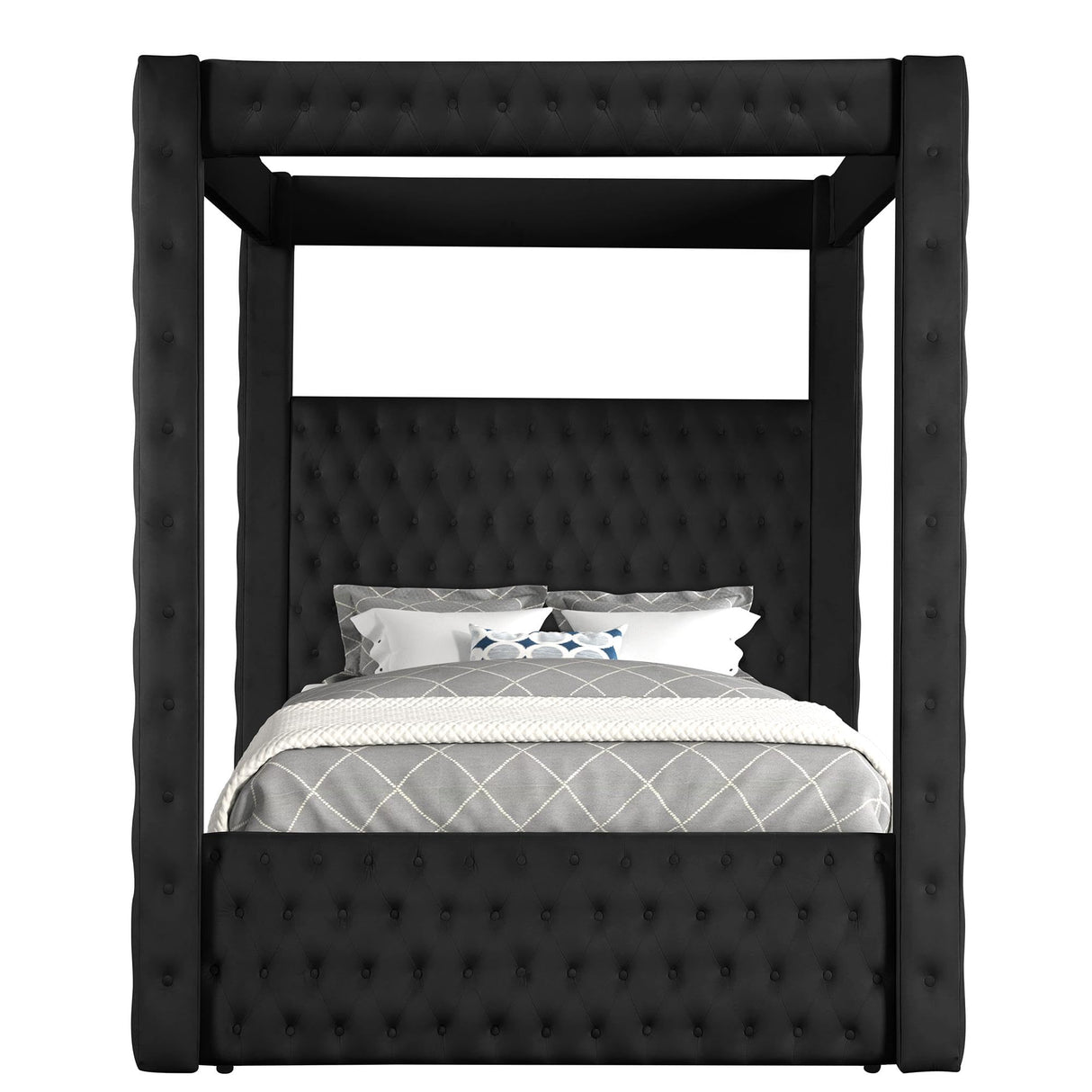 Dapedomal Velvet Four Poster Bed Frame - Upholstered Canopy Bed Frame with Exquisite Button Tufted Design and Tall Headboard, Luxury Bed Frames with Wooden Support, Box Spring Required (Black, King) Dapedomal