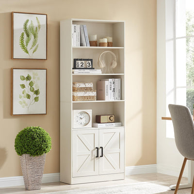 RWYHG 70in Tall Bookshelf 6 Tier Bookcase with Barn Doors and Adjustable Shelf, White Farmhouse Book Shelves with Storage Cabinet