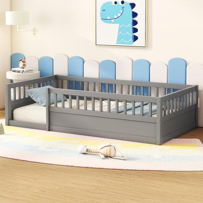 Floor Bed for Kids, Twin Size Montessori Bed with High Fence Railings, Wood Playhouse Bed with Rails for Baby Boys Girls Teens, No Slats Included, Gray