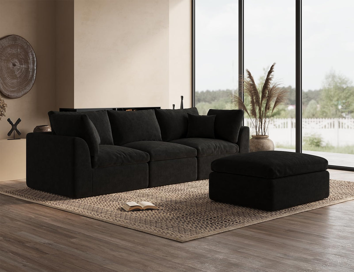 ohllob 110" Cloud Sectional Couches for Living Room, Boneless L-Shape Couch with Ottoman, 3 Seater Modular Sectional Sofa, Black ohllob