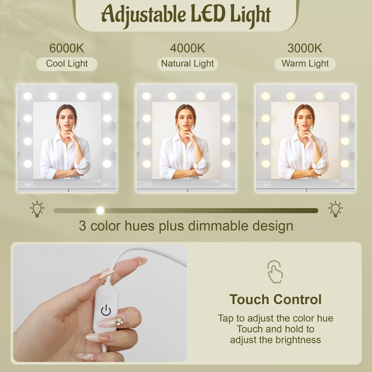 YESHOMY Vanity Desk with Mirror, Makeup Table with 2 Large Drawers, Power Outlet and Round Holder, 3 Color Modes Adjustable Bulb, Bench Included, White YESHOMY