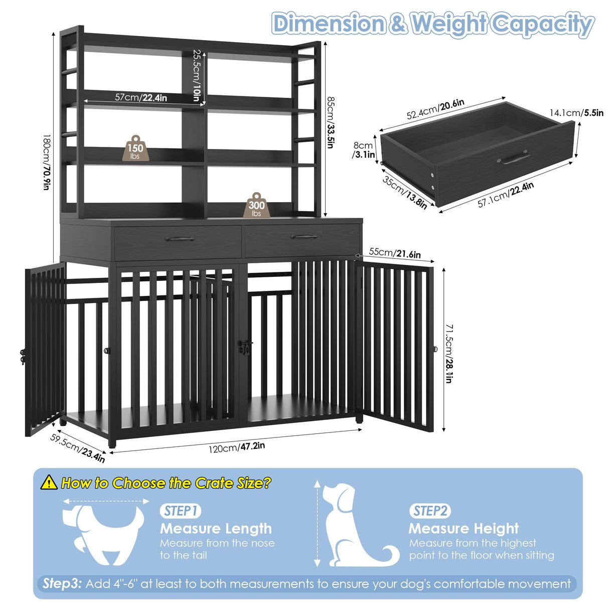 Keyluv 71''H x 47.2''W Large Dog Crate Furniture with 4-Tier Shelves and 2 Storage Drawers, Heavy Duty Dog Cage Furniture with 2 Doors, Wood & Metal Dog Kennel Indoor for Small/Medium/Large Dog, Black Keyluv