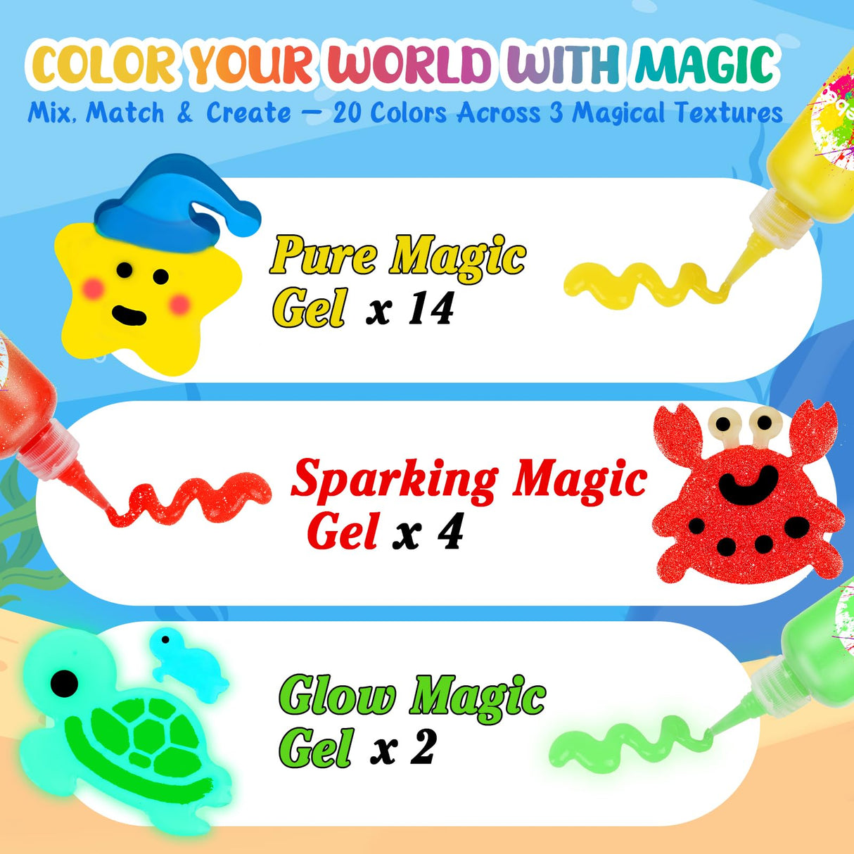 Magic Water Elf Toy Kit– 20 Magic Gels (2 Glow-in-The-Dark) & 18 Sea Creature Molds, DIY Aqua Fairy Water Gel Crafts Toy, Make Water Pets & Squishy Figures, Fun Birthday Gift for Kids Ages 3+ Shabebe