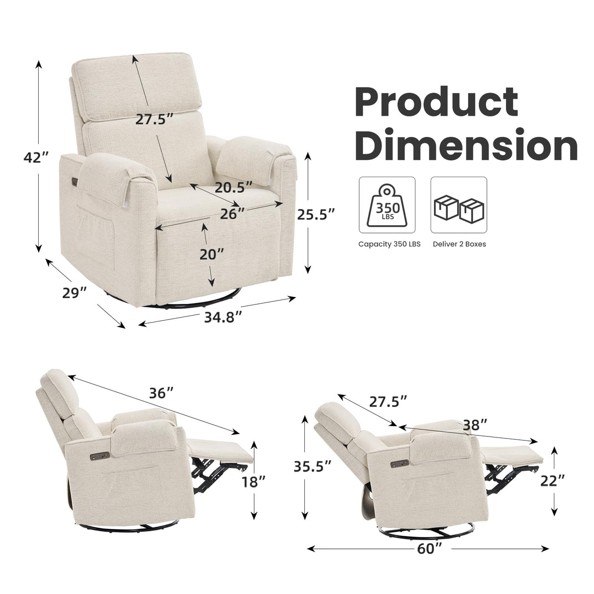 Oversized Power Recliner Chair Swivel Glider with Adjustable Headrest, Swivel Rocking Recliner Chair for Adults, 26" Extra Wide Glider Nursery Chair with Overstuffed Armrest, USB Ports, White RUTOX