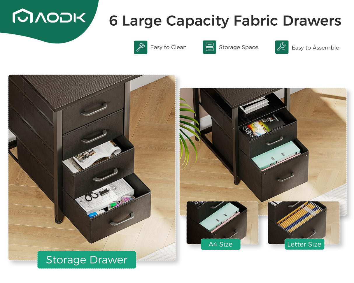 AODK 66" L Shaped Computer Desk, 113“ Reversible Home Office Desk with File Cabinet & 4 Fabric Drawers, Two Person Desk with LED Lights & Power Outlet, Corner Gaming Desk with Monitor Shelf, Black AODK