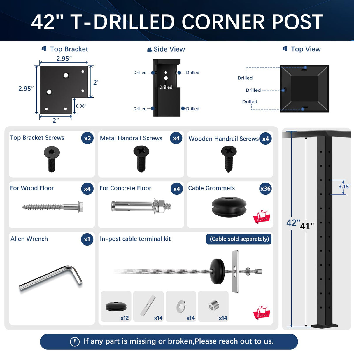 Gyykzz 42Inch Flat Top Mount Cable Railing Post Kits (1, 1x T-Corner Post, 42") Gyykzz