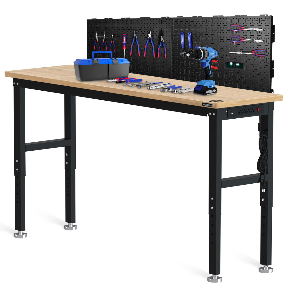 WORKPRO 72" Adjustable Workbench with 2 Pack 16”x 32” Metal Pegboard, Rubber Wood Top Heavy-Duty Workstation, 3000 LBS Load Capacity Hardwood Worktable with Power Outlets, for Workshop, Garage WORKPRO