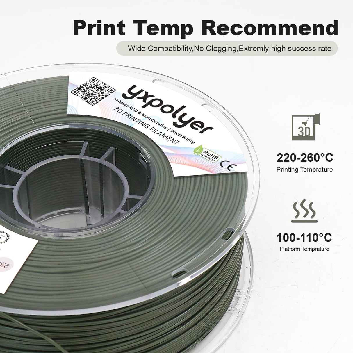 ASA Filament 1.75mm 1kg Olive Green, UV & Heat & Weather Resistant 3D Printer Filament for Outdoor Camping Hiking Beach Playing, with AMS-Compatible Spool yxpolyer
