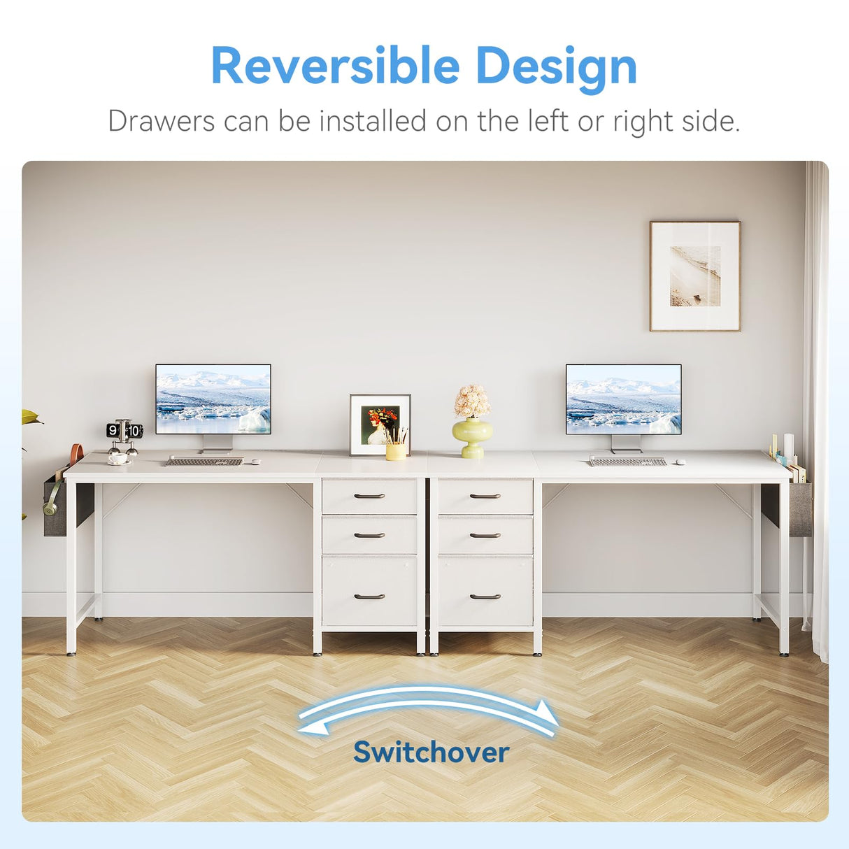 Casaottima 40" Small Computer Home Office Desk for Bedroom with Fabric Drawers & File Cabinet, Cloth Storage Bag and Hook, Writing Study Work Table for Small Space, White Casaottima