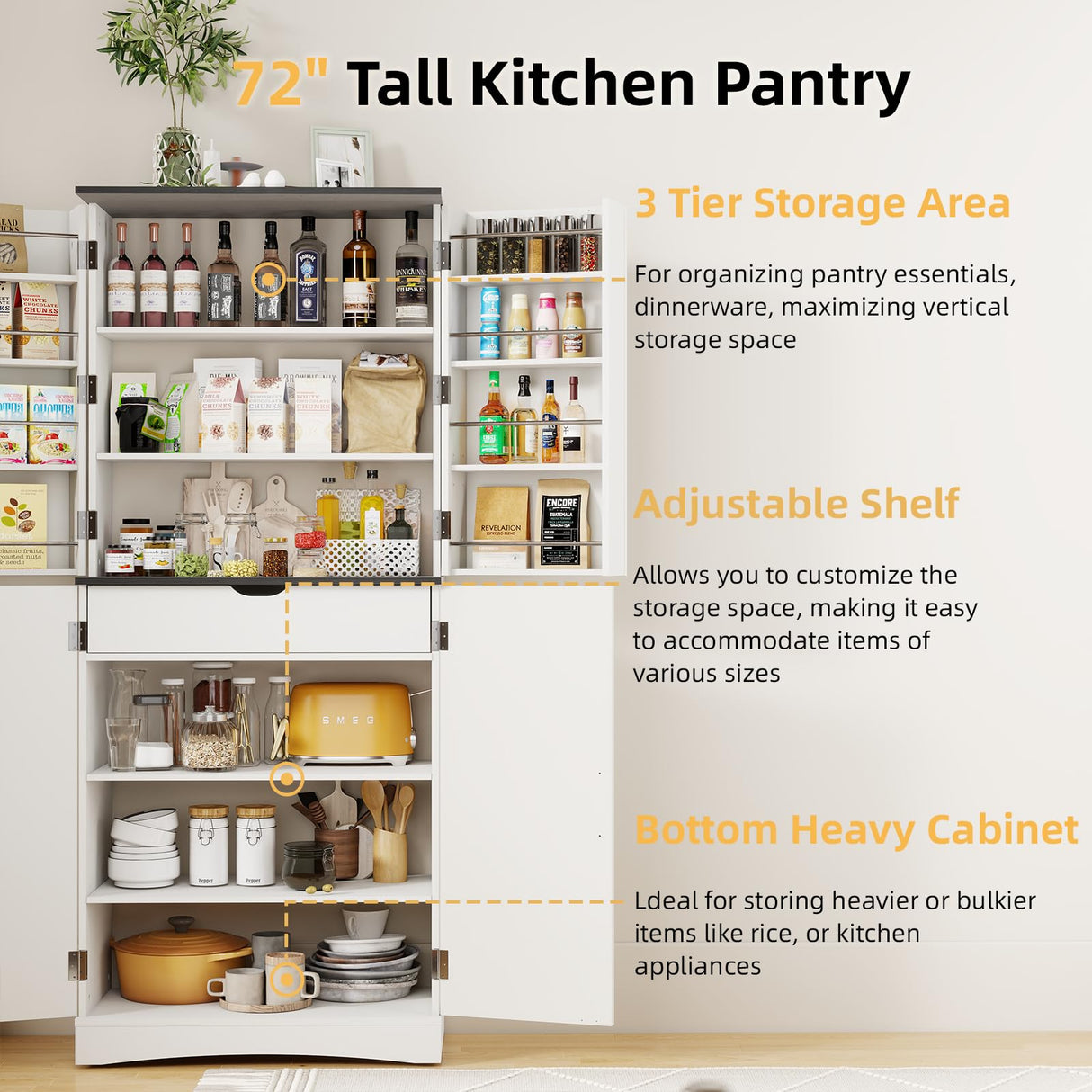 BREEZEHEAT 72" Tall Kitchen Pantry Cabinet, White Freestanding Farmhouse Pantry Storage Cabinet with 180° Swivel Doors, Adjustable Shelves & Drawer, Hutch Cabinet for Kitchen, Dining Room or Bathroom BREEZEHEAT
