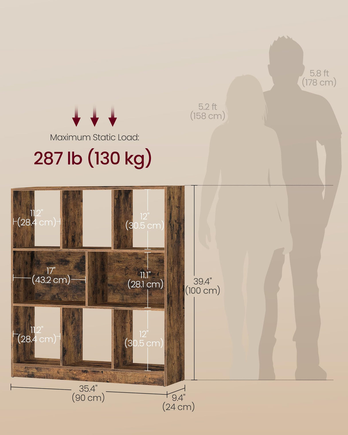 VASAGLE Custos Collection - Bookshelf, 3-Tier Bookcase, Book Shelf, Open Storage Shelf, 9.4 x 35.4 x 39.4 Inches, for Living Room, Home Office, Dining Room, Rustic Brown ULBC455K01 VASAGLE