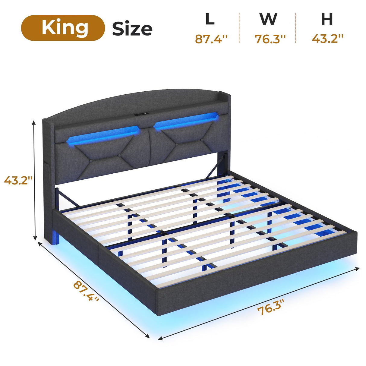 BTHFST King Size Floating Bed Frame with Power Outlet, Storage Headboard with Hidden Cubby, RGB Floating Platform Bed with LED Lights, No Box Spring Needed, Quick Setup System, Dark Grey BTHFST
