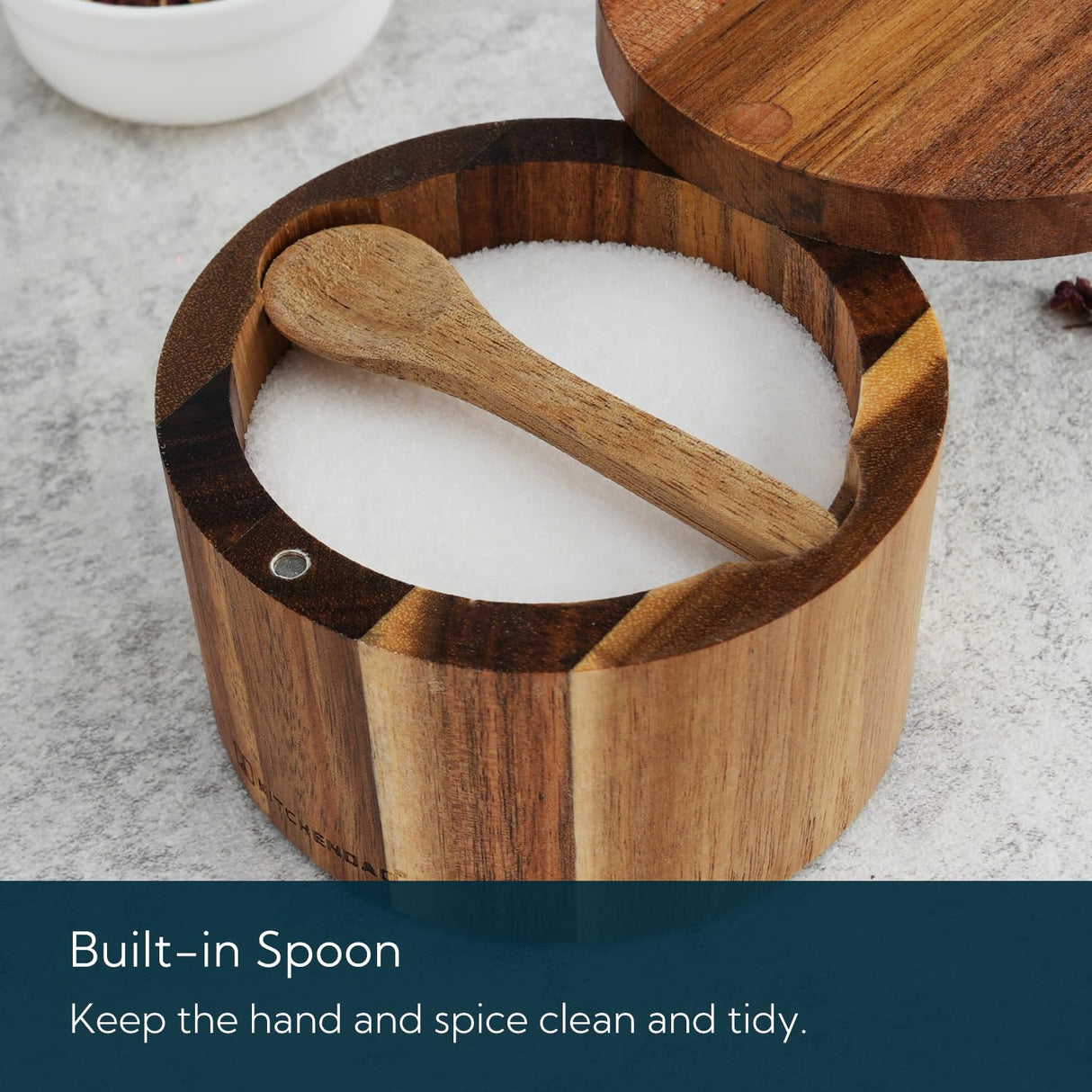 KITCHENDAO Acacia Wood Salt Cellar Bowl Box with Built-in Spoon to avoid Dust, Elegant Kitchen Salt Container Holder with Swivel Magnetic Lid to Storage Pepper Spice Bath Salt Sea Salt, 6OZ KITCHENDAO