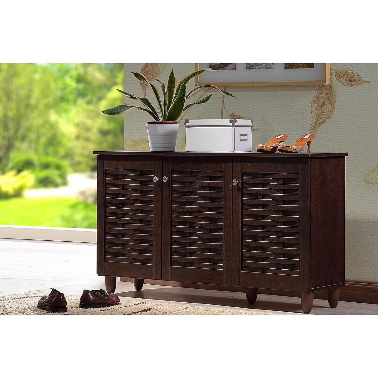 Baxton Studio Wholesale Interiors Winda Modern and Contemporary 3-Door Dark Brown Wooden Entryway Shoes Storage Cabinet Baxton Studio