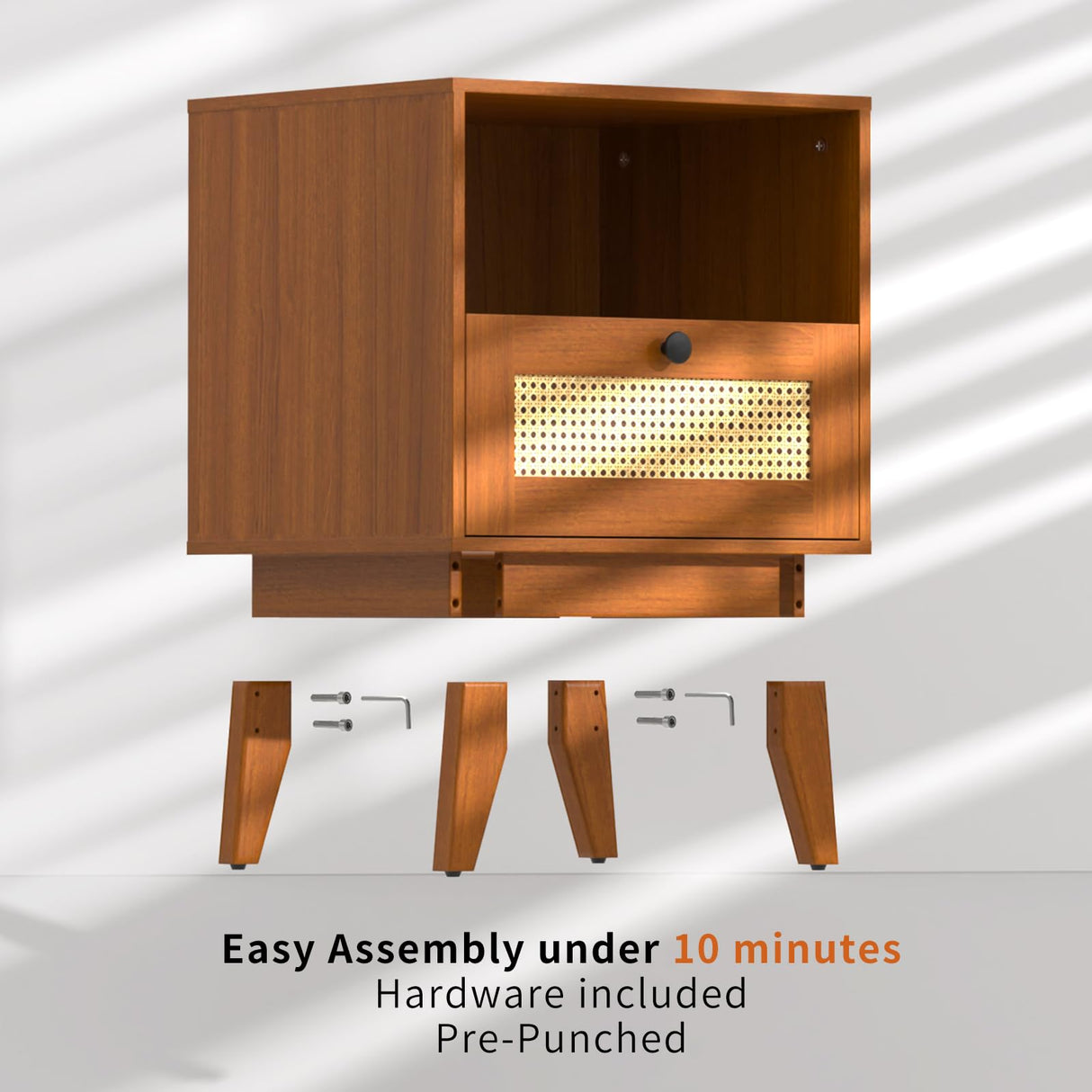 Ryvorbe Modern Rattan Nightstand Wood Side Table with Natural Rattan Drawer- Boho Nightstand with Solid Wood Legs for Bedroom, Living Room and Small Spaces Ryvorbe