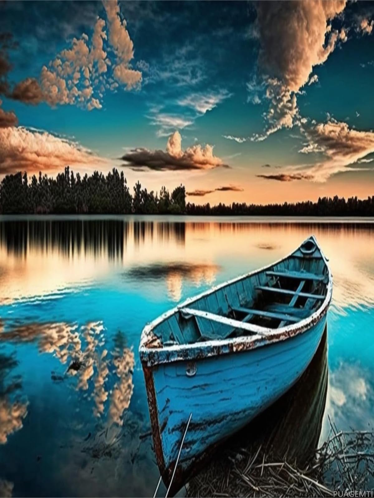 PUAGEMTI Sunset Lake Boat Diamond Painting Landscape Diamond Art Kits, Full Circle Gemstone Fine Rhinestone Art Kit for Beginners, for Room Decor (12x16 Inch) PUAGEMTI