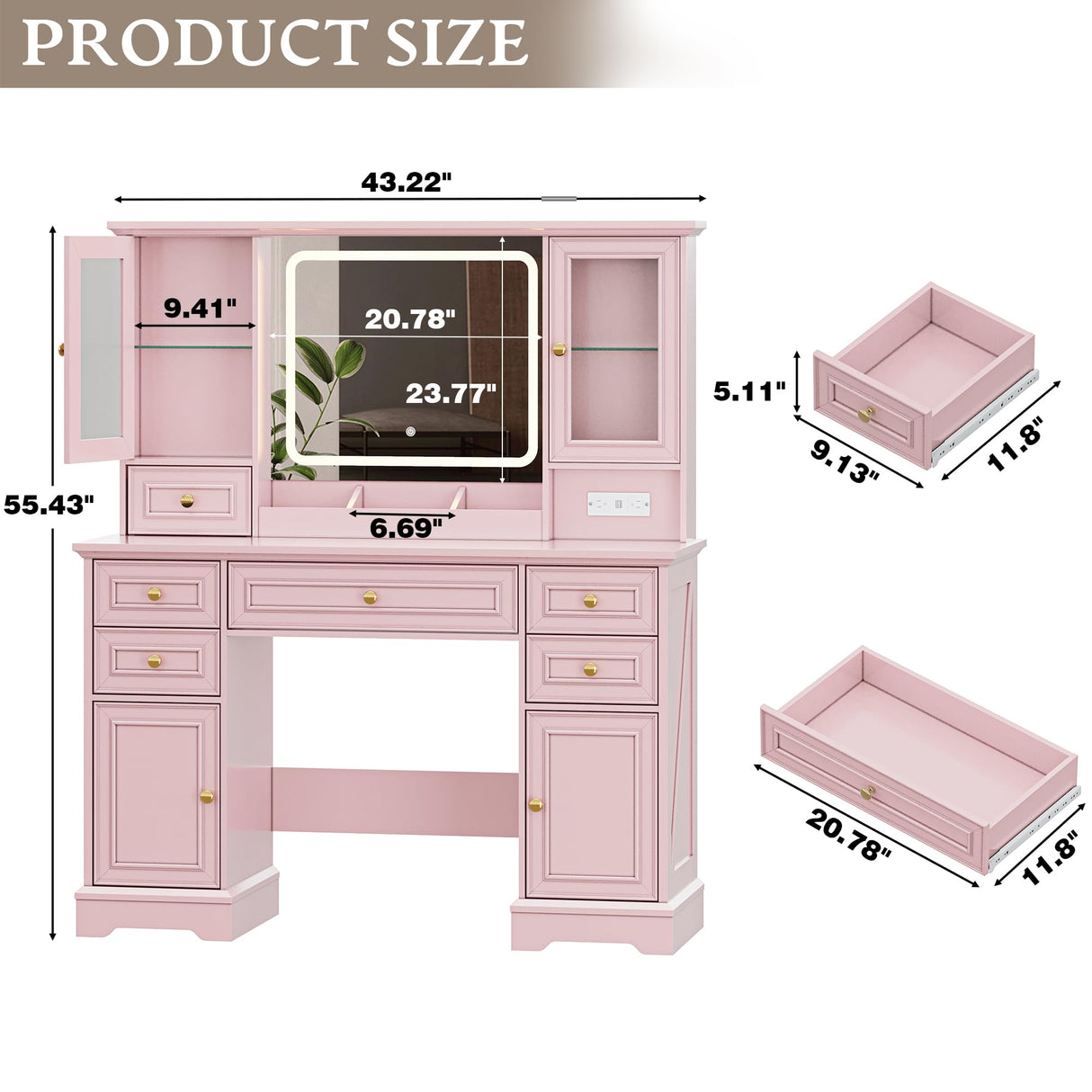 Vanity Desk with HD Lighted Mirror & Power Outlet, Farmhouse Makeup Vanity Table Set with Storage Drawers & RGB Cabinets, Large Dressing Table with 3 Lighting Modes for Women Girls Kids Bedroom, Pink Xixini
