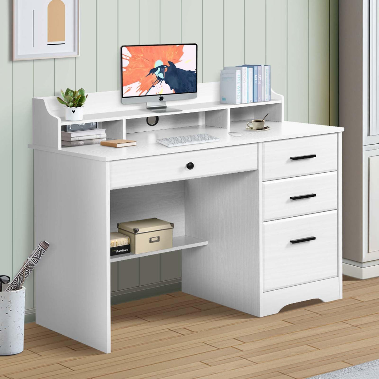 MaverickFurni White Desk with 4 Drawers, Computer Desk with Drawers and Hutch&Shelf, Wood Writing Home Office Workstation, Student Desks for Bedooms with Drawers, 38.2” H x20.5” D x44” W - White MaverickFurni