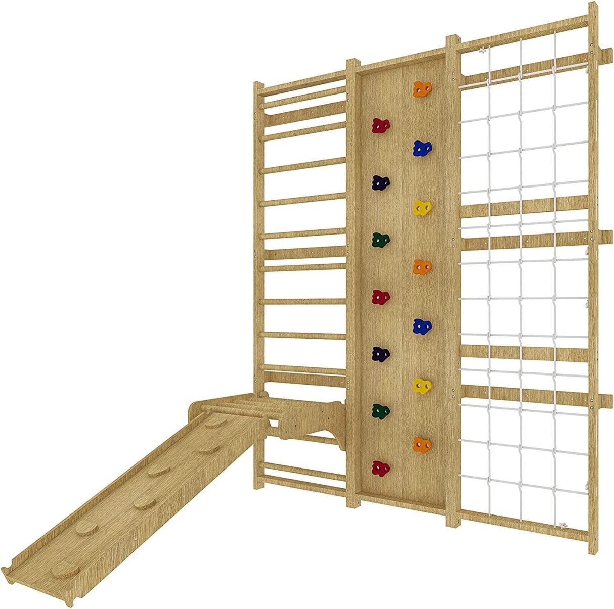 Avenlur Walnut 9-in-1 Swedish Ladder Wall Gym Set - 78.8 Inches - Trapeze Swing, Rope Ladder, Rock Wall, Rope Wall, Rock Ramp Climber, Slide, Pull-up Bar, Ladder and Swing Avenlur