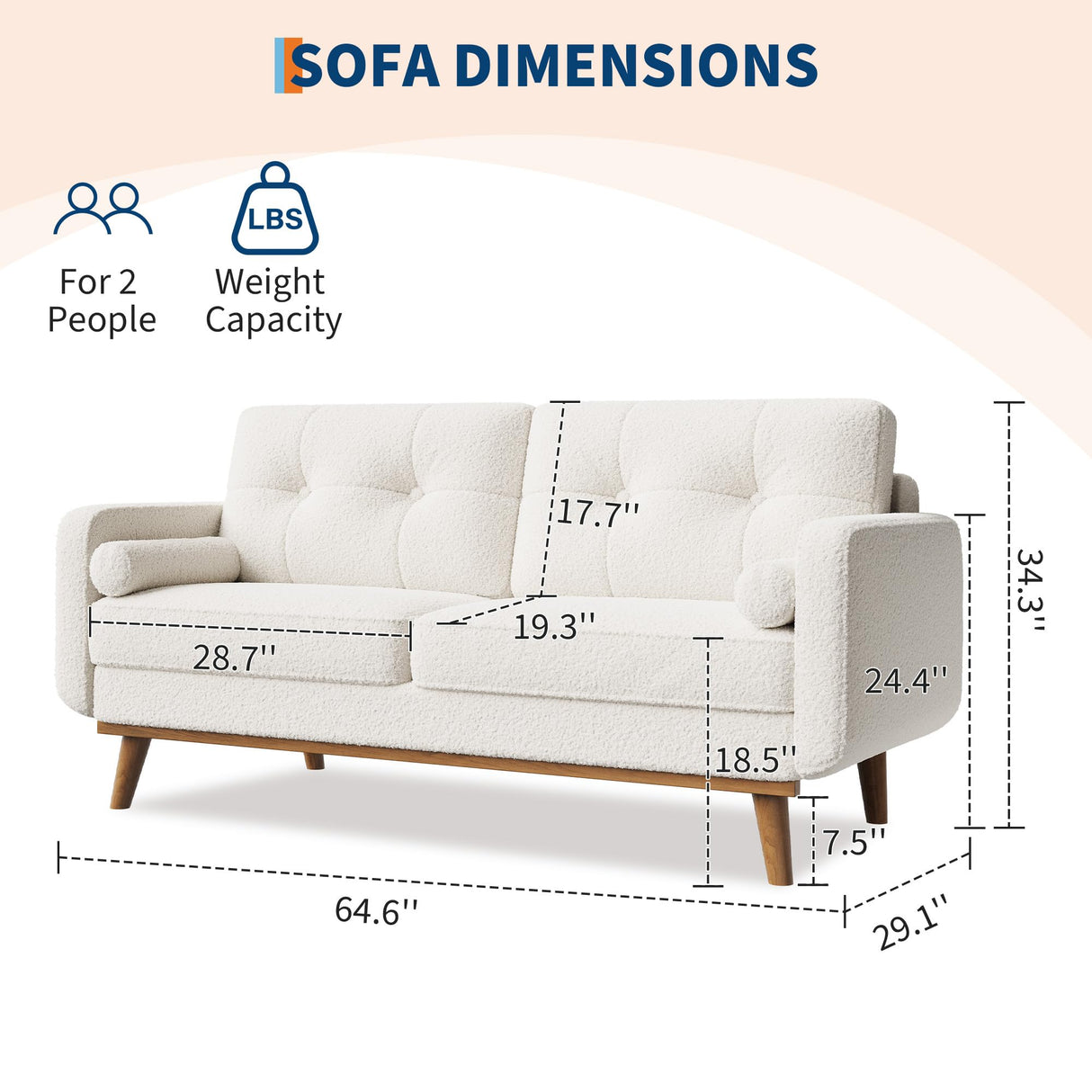 65" Mid Century Modern Couch Sofa Loveseat, Comfy Love Seat Couches for Living Room, 2 Seater Teddy Fleece Boucle Upholstered Deep Seat Couch for Bedroom Office Small Space, Beige Cream IDEALHOUSE