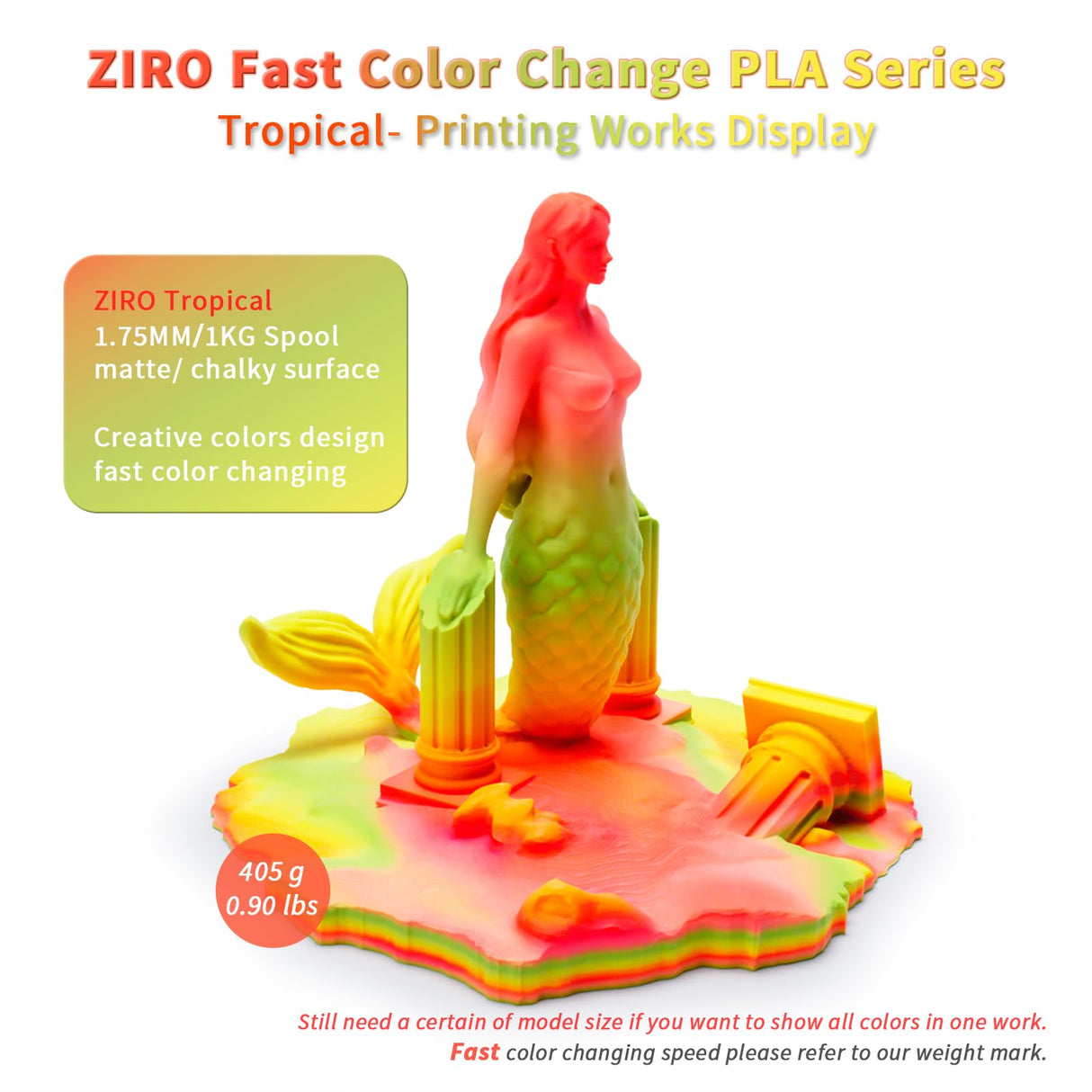 ZIRO 3D Printer Filament, Faster Color Change Filament 1.75mm, Color Gradient Material, No-Shine Rainbow PLA, Dimensional Accuracy +/- 0.03mm, Fit Most FDM Printer 1KG Spool, Tropical (Matte) ZIRO
