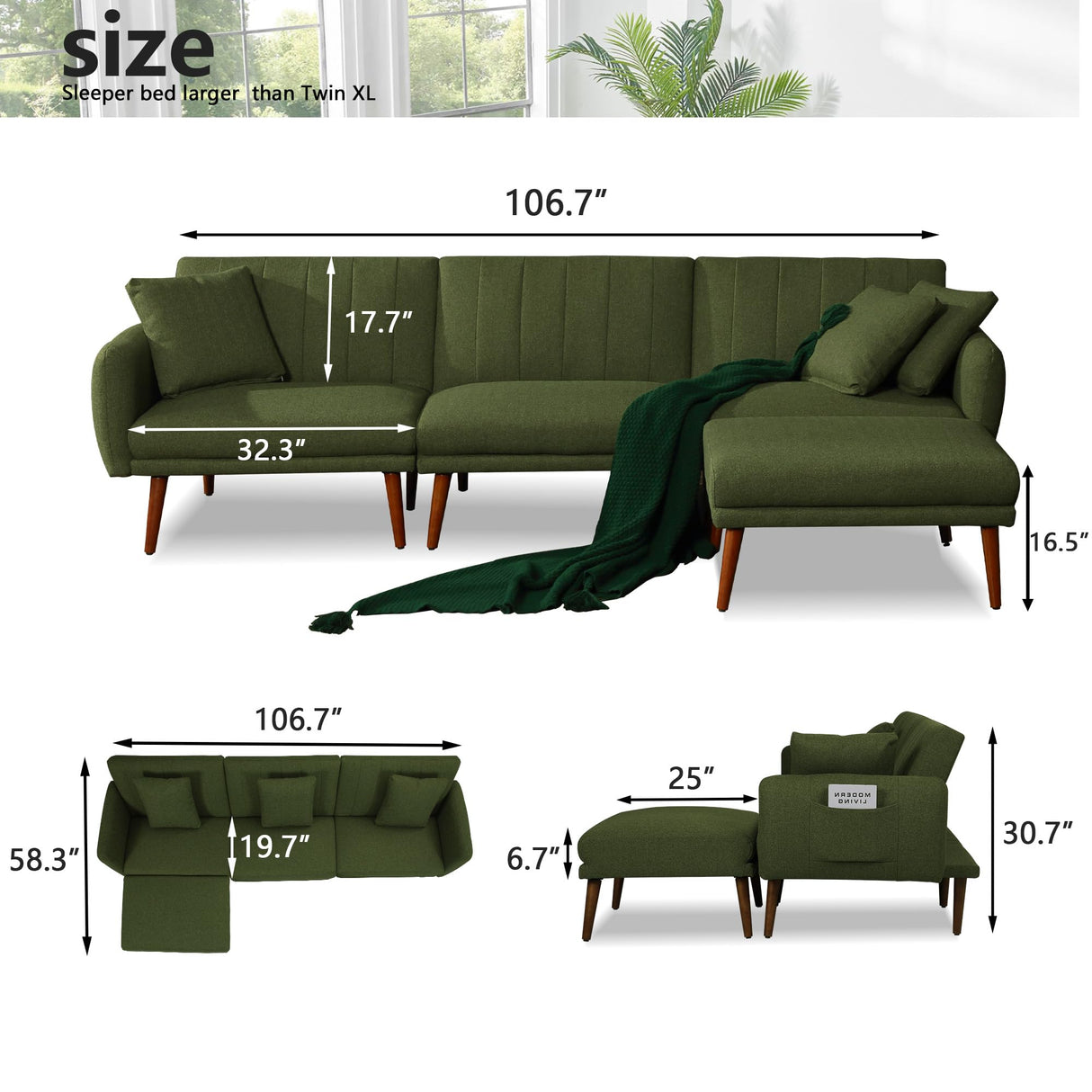 jamege Sectional Couch Sofa Bed, L-Shaped Linen Fabric Sofa Sleeper with Reclining Backrest and Removable Ottoman for Apartment Living Room jamege
