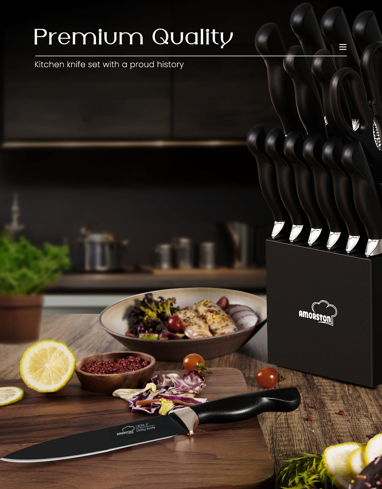Knife Set, Amorston 15 Pieces Knife Sets for Kitchen with Block, Dishwasher Safe Kitchen Knife Set with Built in Sharpener Block, German Stainless Steel Knife Block Set, Black Amorston