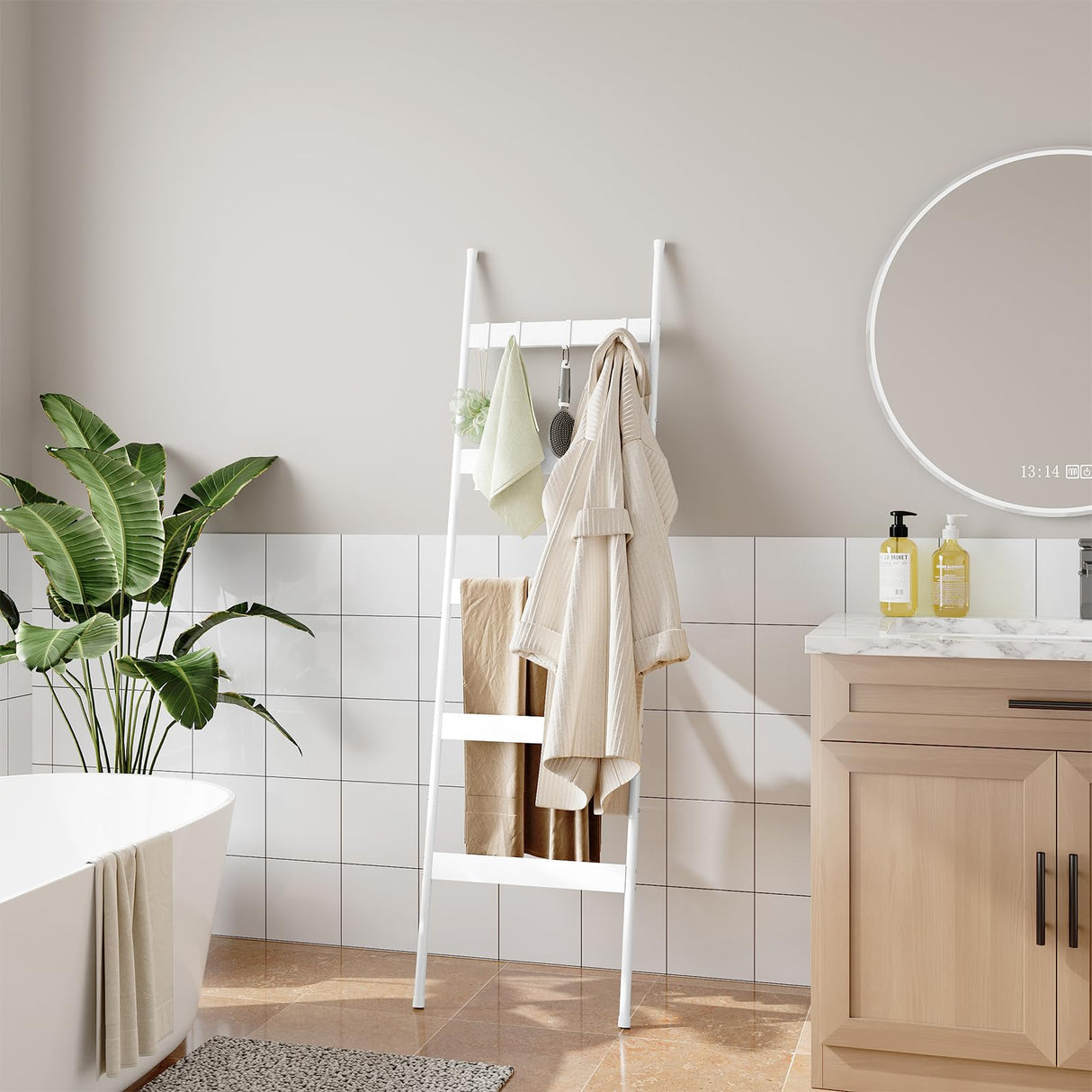 ELYKEN Blanket Ladder for Living Room, Farmhouse 5 -Tier Quilt Holder with 4 Removable Hooks for Bathroom, Wood Towel Rack Display, Wall Anchor Leaning Decorative Stand for Home Decor, White ELYKEN