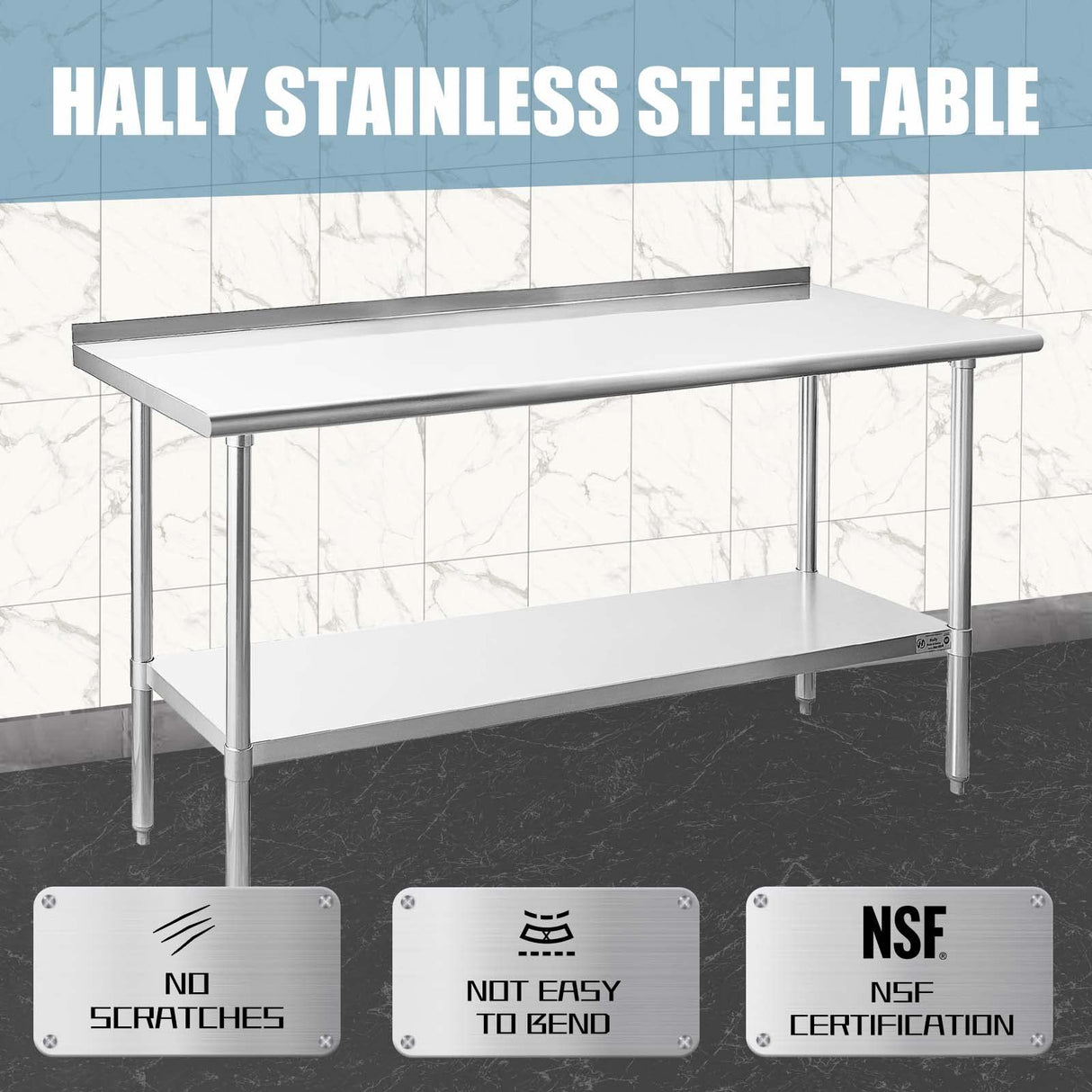 Hally Sinks & Tables HStainless Steel Table for Prep & Work 24 x 72 Inches, NSF Commercial Heavy Duty Table with Undershelf and Backsplash for Restaurant, Home and Hotel HALLY SINKS & TABLES H