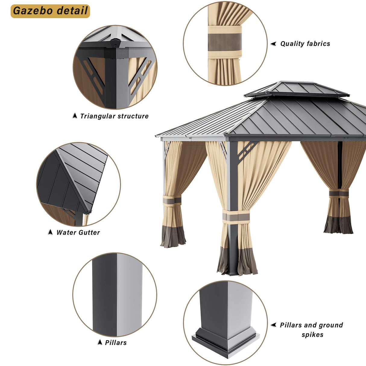 RTDTD 12’x14’ Hardtop Gazebo Outdoor Aluminum Frame Permanent Gazebo Galvanized Steel Double Roof Pergola with Nettings and Curtains for Patio, Lawns,Backyard, Deck(Brown) RTDTD