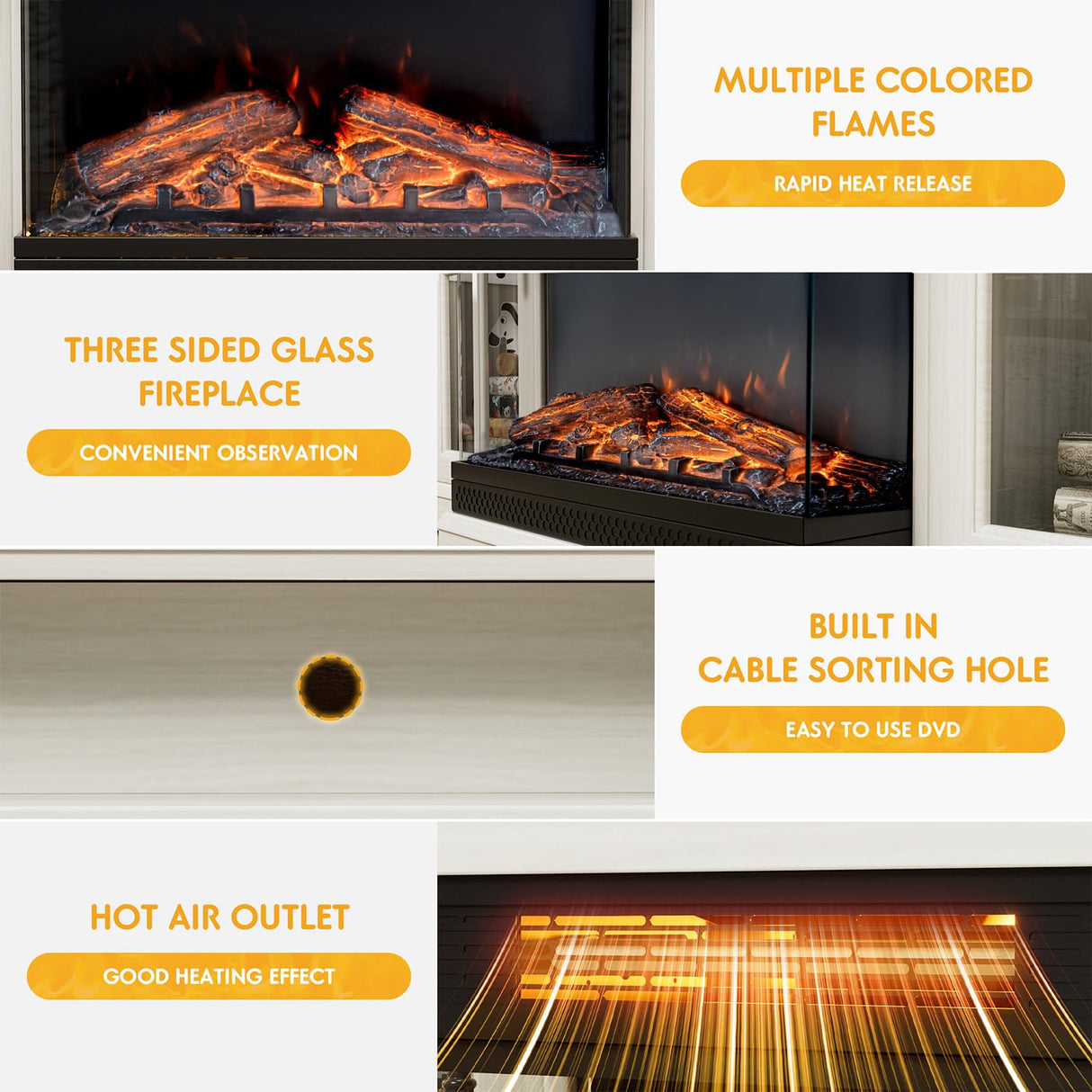 JUMMICO Fireplace TV Stand for TVs up to 65'', 3-Sided Glass Media Entertainment Center Console Table with Cabniet Storage Adjustable Flame LED Color for Living Room (Distressed White) JUMMICO