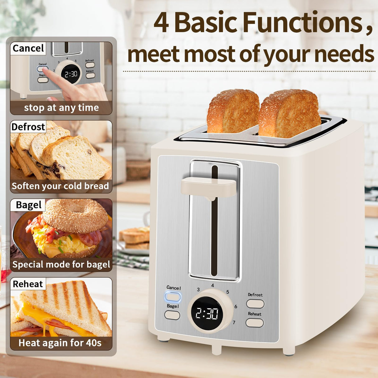 SEEDEEM Toaster 2 Slice, Bread Toaster with LCD Display, 7 Shade Settings, 1.4'' Extra Wide Slots Toaster with Cancel, Bagel, Defrost, Reheat Functions, Removable Crumb Tray, 900W, Cream White SEEDEEM