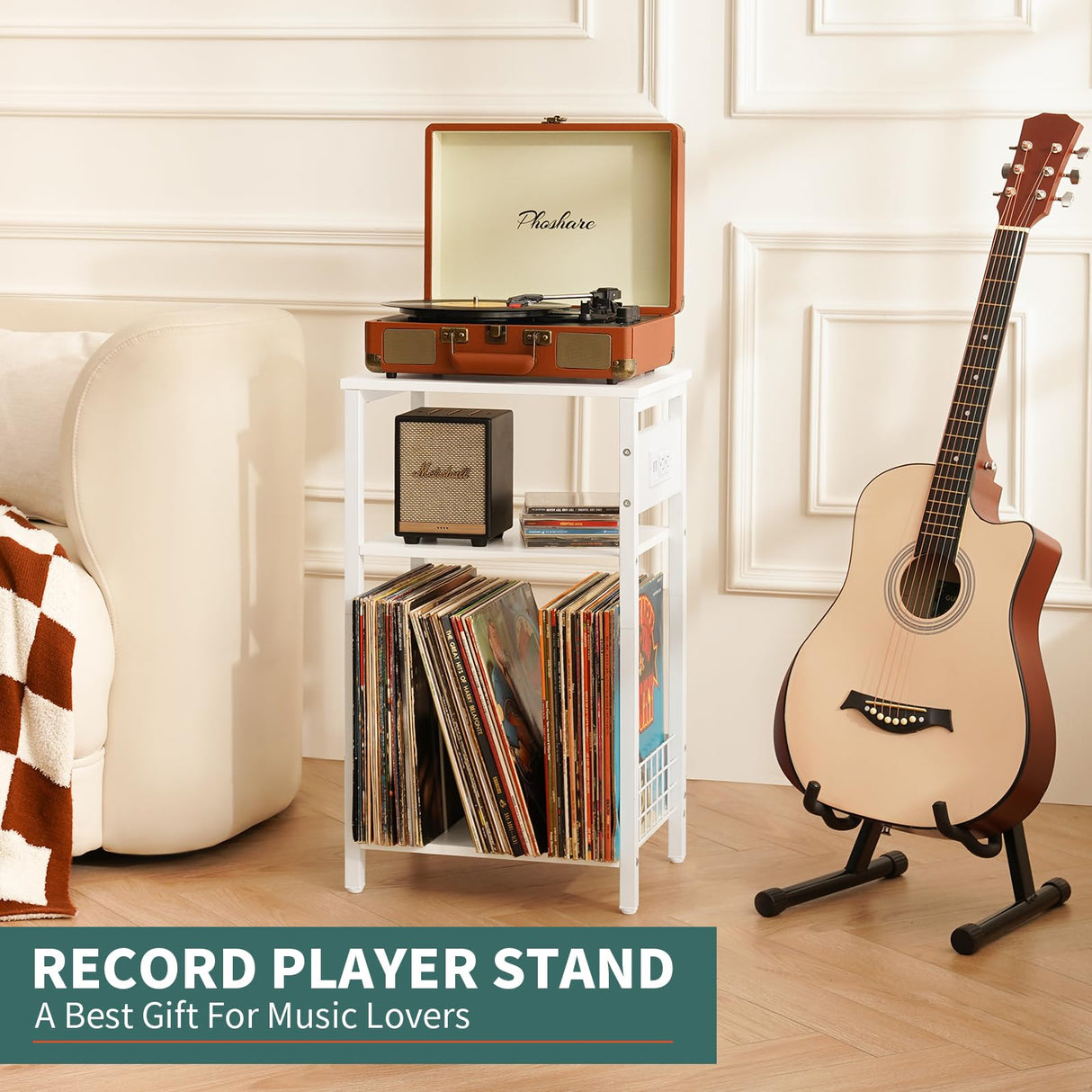 Yoobure Record Player Stand, 3-Tier White Side Table with Charging Station, Small End Table Nightstand with Vinyl Storage, Tall Beside Tables Turntable Stand for Album CD, Night Stand for Living Room Yoobure