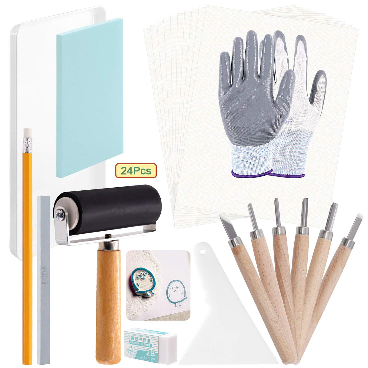 Keadic 24 Pieces Rubber Block Stamps Carving Starter Tool Kit, Comes with Stamp Block, Ink Roller, 6 Carving Tools, Tracing Papers, Pencil & Ink Mixing Tray for Stamp Carving and Printmaking Keadic