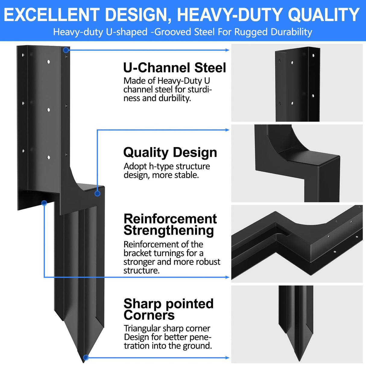 ZIIAMG Fence Post Anchor Ground Spike,Heavy Duty Steel 4"x4" (Inner Diameter 3.6"x3.6") Fence Post Repair Kit(2 Pack/Black) ZIIAMG