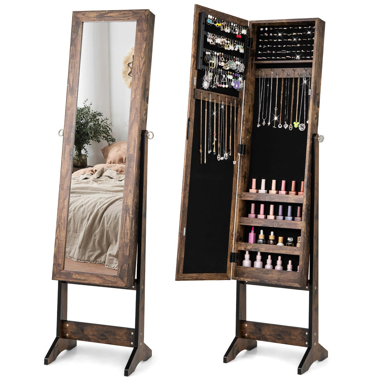 Giantex Jewelry Cabinet with Full-Length Mirror, Standing Jewelry Armoire Organizer with 64 Earring Slots, 20 Necklace Hooks, 72 Ring Slots, 4 Storage Shelves, 3 Angle Adjustable, Rustic Brown Giantex