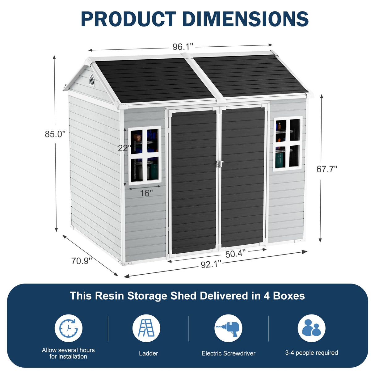 CDCASA 8x6 FT Resin Storage Shed, Waterproof Large Outdoor Shed with Floor & Lockable Door & 2 Windows, Vent, Plastic Tool Shed for Outside, Backyard, Patio, Poolside, Bike, Dove Grey CDCASA