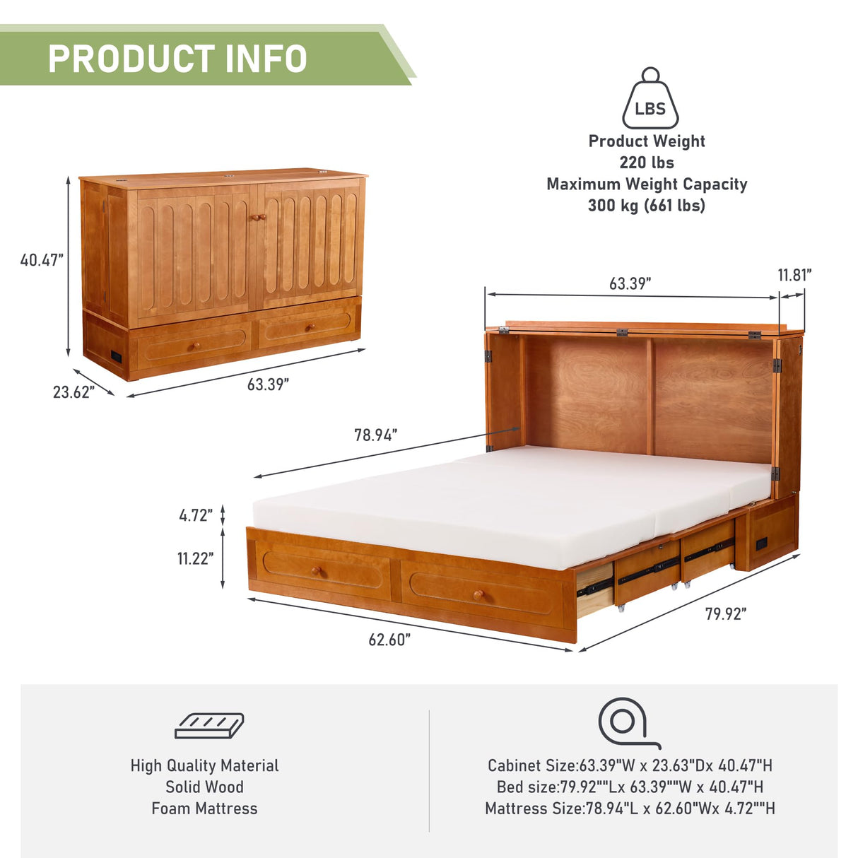 FACAAJ SPO Queen Murphy Bed with Mattress Included, Murphy Bed Cabinet Queen with Drawers and Charging Station for Small Apartments, Home Offices(Stripe Pattern, Cherry) FACAAJ SPO