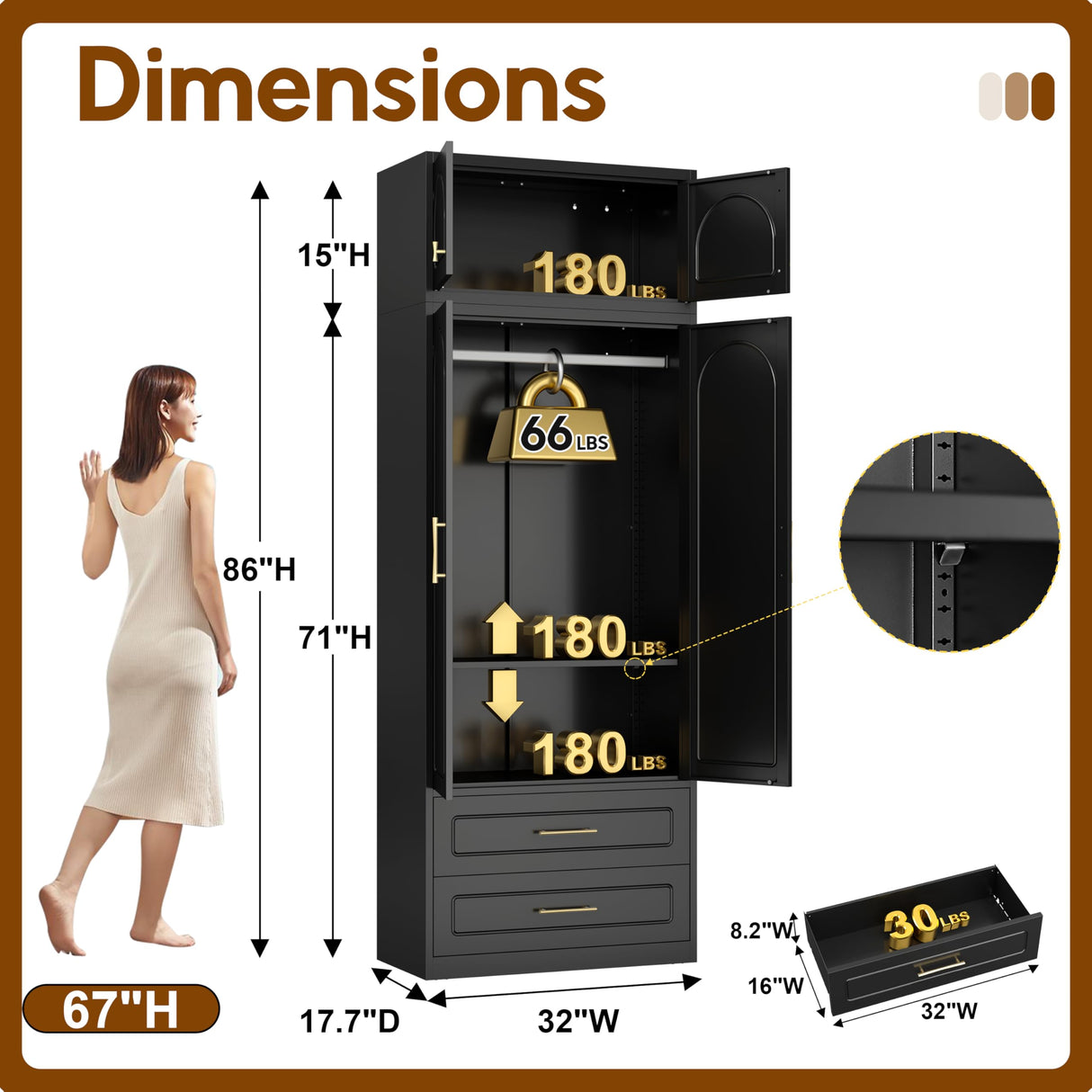 UNICOLY 86" Wardrobe with Drawers, 71'' Armoire Wardrobe Closet with 15" Cabinet, Metal Clothes Storage Cabinet with Hanging Rod, for Bedroom School, Employee, Gym, Assembly Required, Black UNICOLY