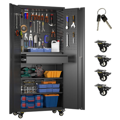 Reemoon 71" H*15" D*30" W Garage Storage Cabinet with Wheels and Doors,Lockable Metal Storage Cabinet with Pegboard Hooks and Drawer for Garage Warehouse Home,Required Assembly,Black