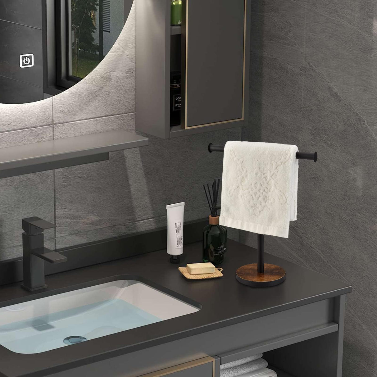 BCOZLUX Towel Holder Stand, Countertop Hand Towel Stand for Bathroom and Kitchen, Free Standing Counter Towel Rack with Weighted Wood Base, Rustic Black and Brown BCOZLUX