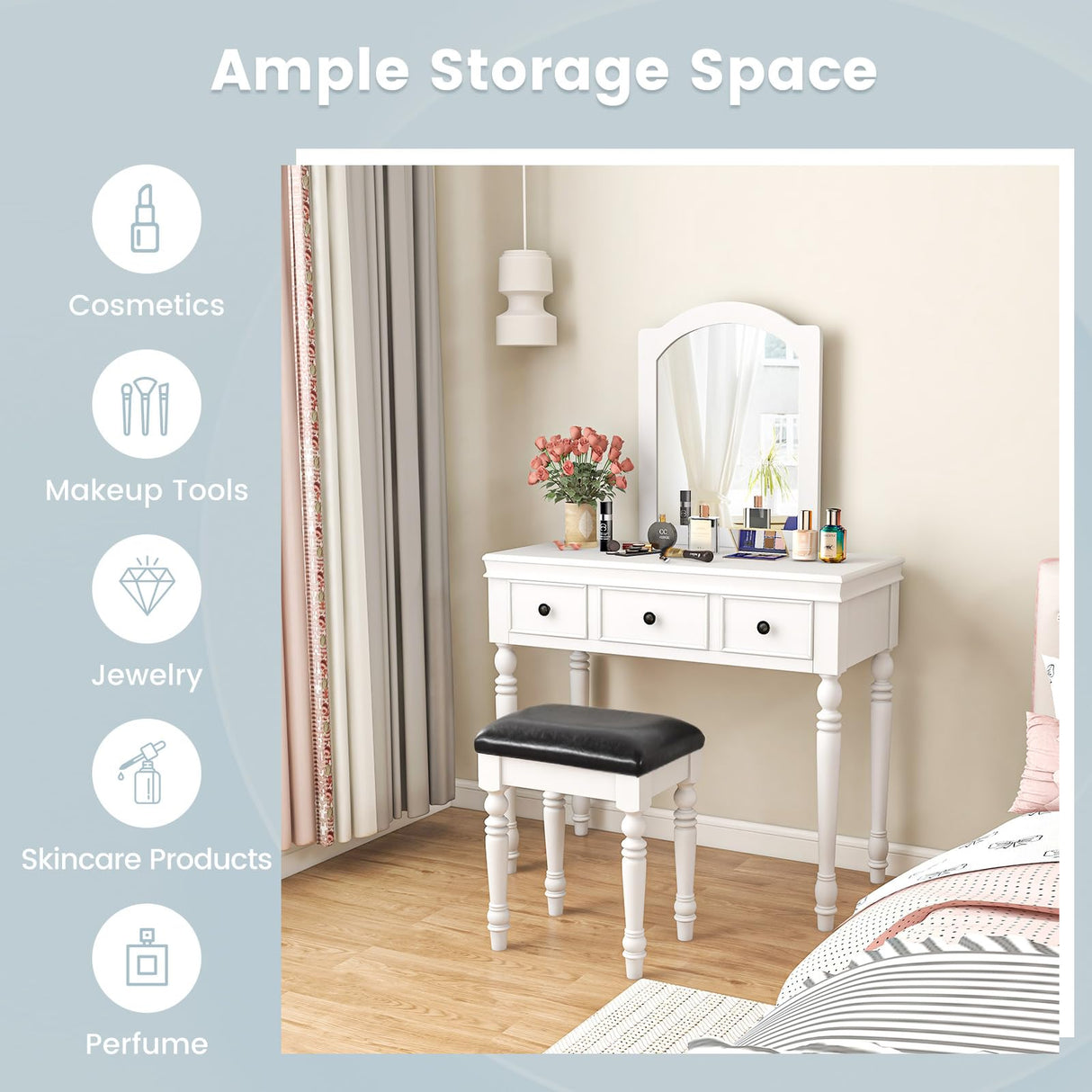 CHARMAID Makeup Vanity Desk with Mirror and Stool, 34'' Wide Vanity Table Set with Large Mirror, 3 Drawers, Cushioned Stool, Solid Wood Legs, Bedroom CHARMAID