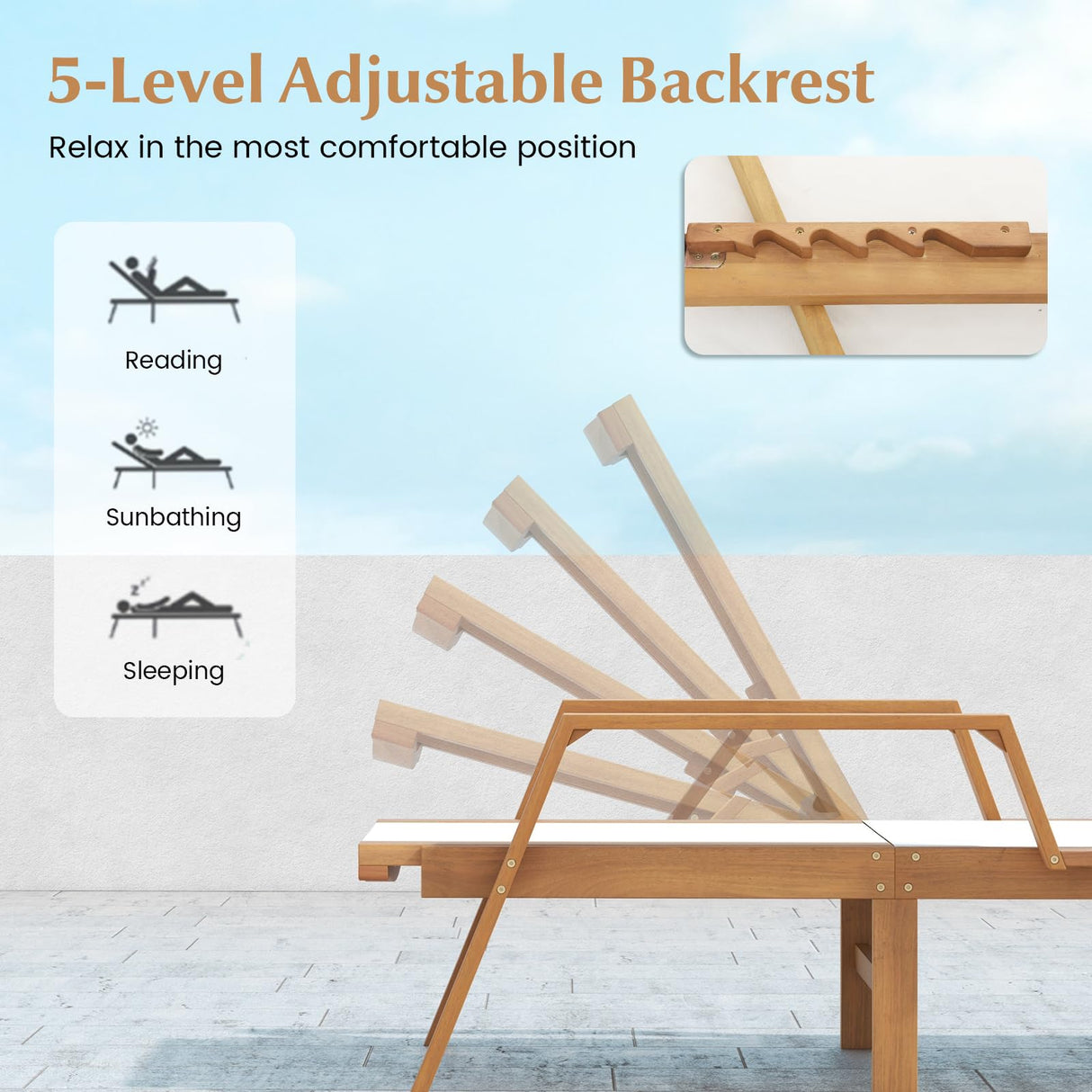 Tangkula Patio Chaise Lounge Chair, 5 Position Adjustable Acacia Wood Patio Lounger, for Backyard, Porch, Poolside (1) Tangkula