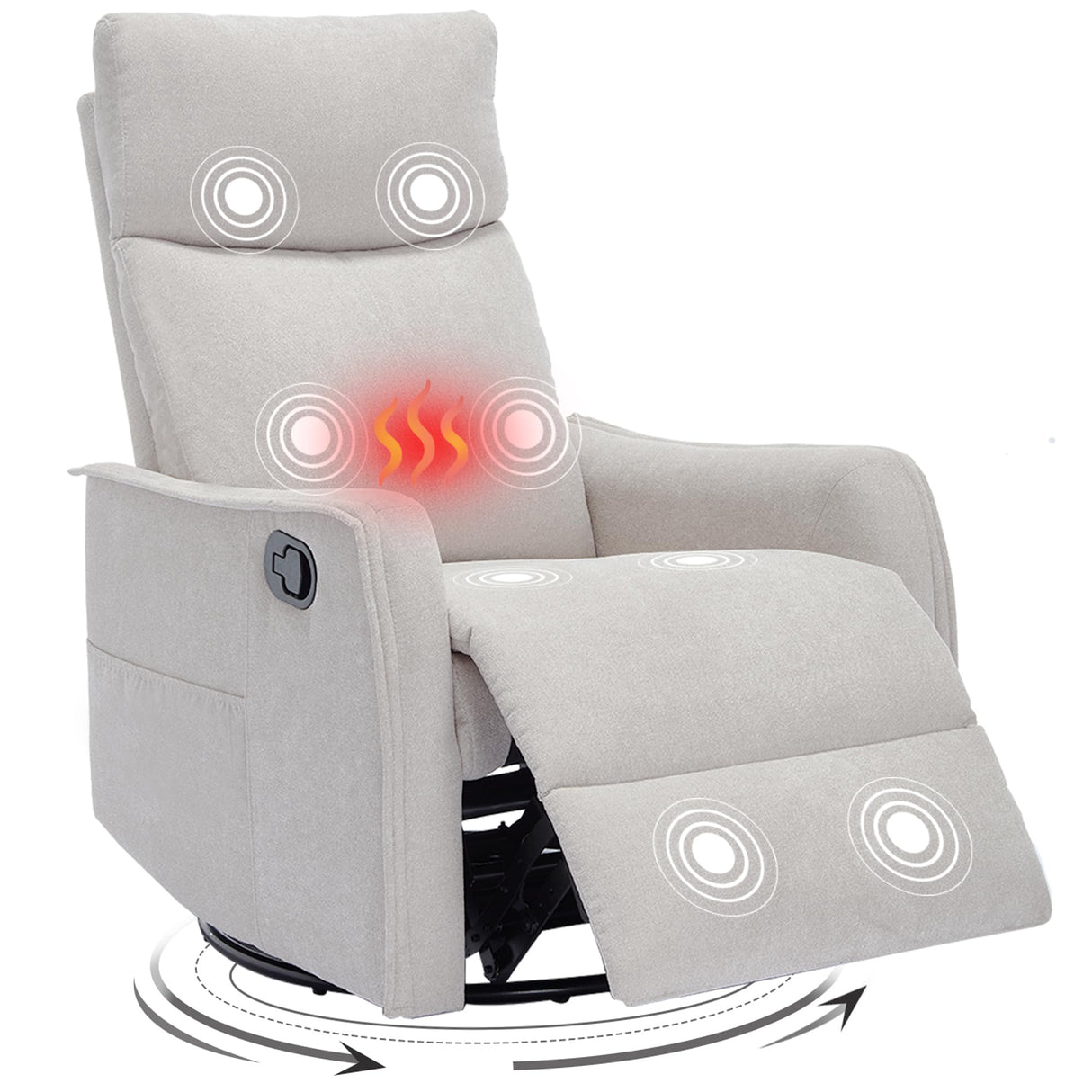 Trustyue Swivel Rocker Recliner Chair, 360° Swivel Recliner with Heat and Massage, Rocker Recliner Nursery Glider Chair with Side Pockets for Living Room (Beige, Fabric) Trustyue