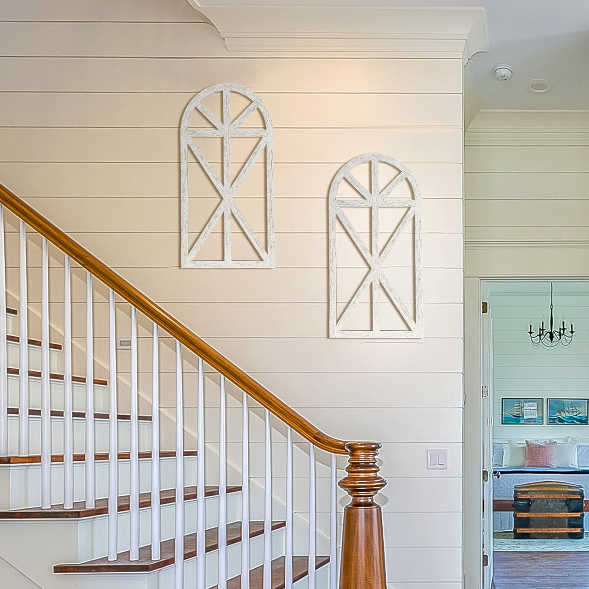 Yulejo 2 Packs 15.16 x 7.7 Inch Rustic Wood Window Frame Wooden Cathedral Arch Window Wall Decor Frame Art Farmhouse Wall Decor for Home Kitchen Living Room Bedroom Yulejo