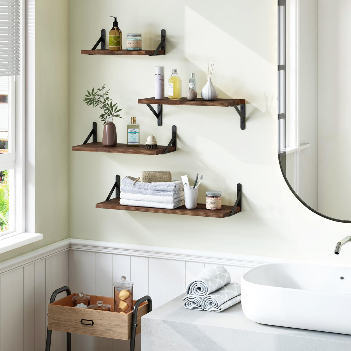 YGEOMER Floating Shelves, Rustic Wood Shelves, 4 Sets of Wall Mounted Shelf for Bathroom Decor, Bedroom, Living Room and Plants (Distressed Pine) YGEOMER