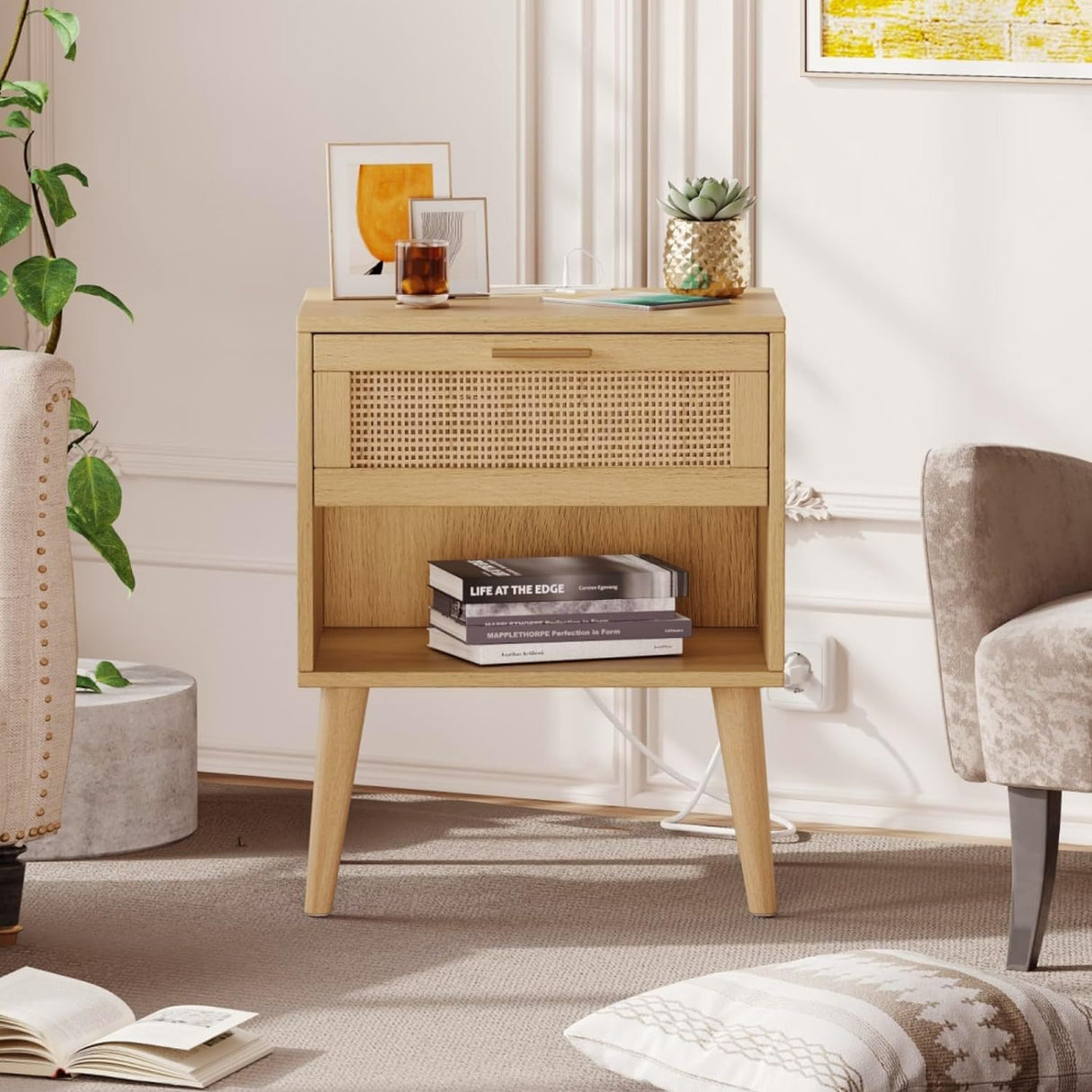 Irontar Nightstands Set of 2, Night Stands with Charging Station & Rattan Drawer, Boho Style Bed Side Tables with Solid Legs, Accent End Table with Open Storage for Bedroom, Natural BZZ007ME02 Irontar